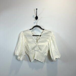 Women’s Talulah Size Small Ivory Smocked Poplin Puff Sleeve Crop Top V-Neck Boho